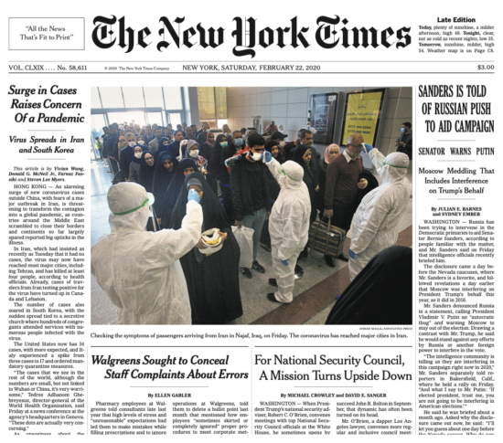 image of NY Times front page, with covid story on left edge